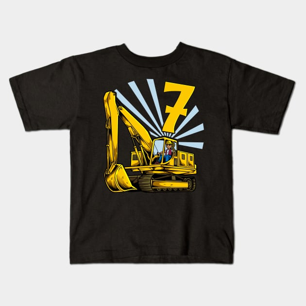 Excavator 7 year old birthday Kids T-Shirt by Modern Medieval Design